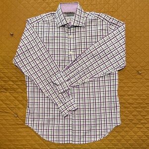 Men's Thomas Dean Purple, Black and Light Blue Checkered Dress Shirt Size Medium